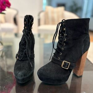 Steve Madden Black Suede Ankle Boots with Wooden Heel